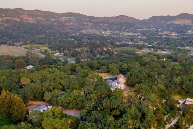 aerial view featuring a mountain view and a forest view