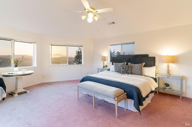 carpeted bedroom with visible vents, baseboards, and multiple windows