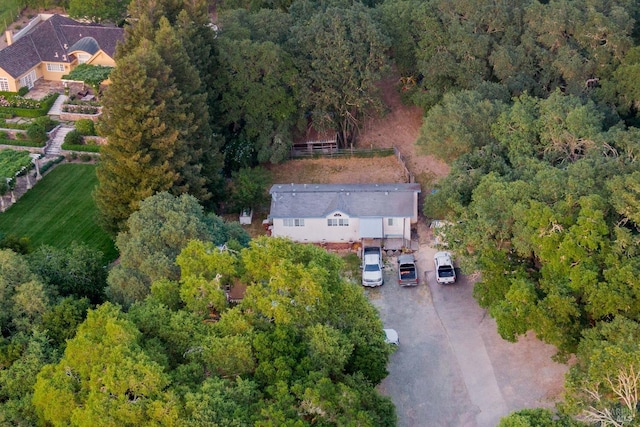bird's eye view with a wooded view