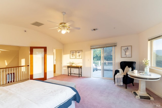 carpeted bedroom featuring visible vents, ceiling fan, access to outside, and vaulted ceiling