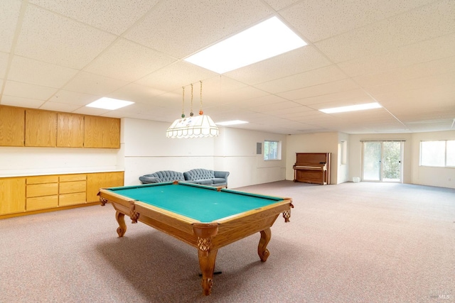 rec room featuring pool table, light carpet, and a paneled ceiling