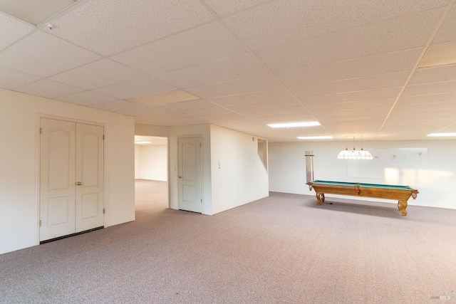 playroom featuring carpet floors, billiards, and a paneled ceiling