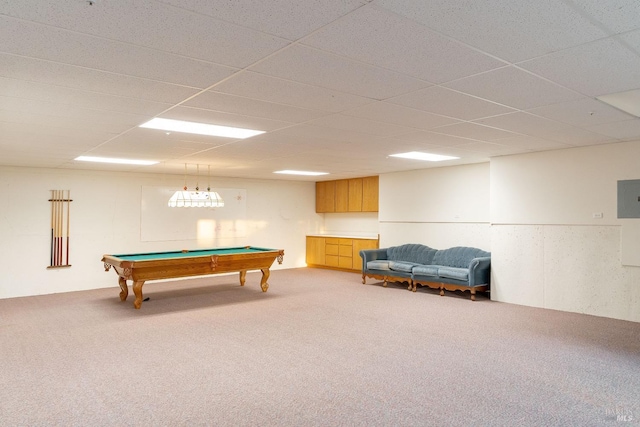 rec room featuring a paneled ceiling, pool table, and light carpet