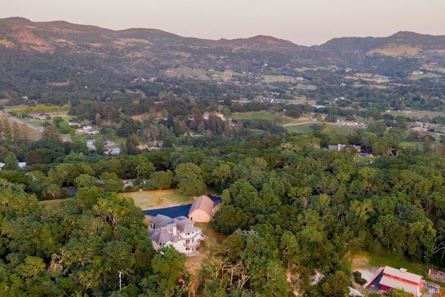 aerial view at dusk featuring a mountain view and a forest view