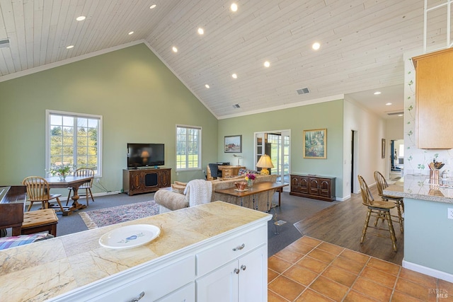 3785 Roblar Rd, Petaluma, CA 94952 - kitchen with open floor plan, recessed lighting, high vaulted ceiling, wooden ceiling, and white cabinetry