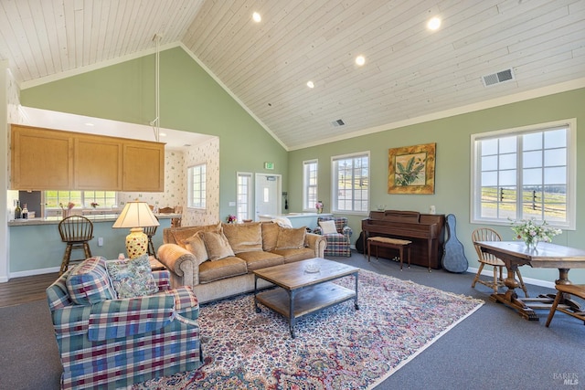3785 Roblar Rd, Petaluma, CA 94952 - living area with wooden ceiling, high vaulted ceiling, recessed lighting, and baseboards