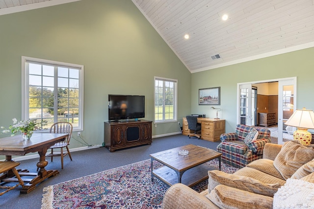 3785 Roblar Rd, Petaluma, CA 94952 - carpeted living room featuring high vaulted ceiling, wooden ceiling, baseboards, and recessed lighting