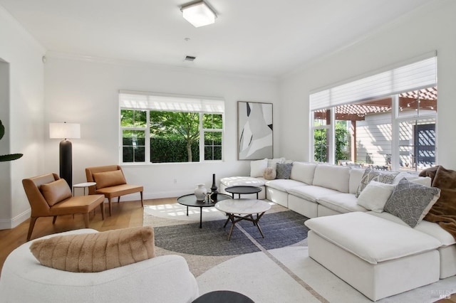 living area featuring crown molding, baseboards, visible vents, and a healthy amount of sunlight