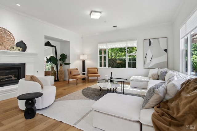 living room featuring crown molding, plenty of natural light, and wood finished floors