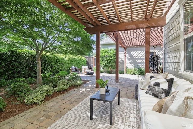 view of patio with a fenced backyard, a pergola, and an outdoor living space