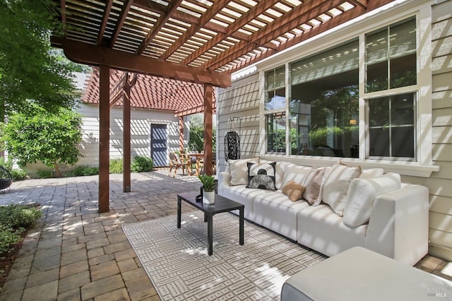 view of patio with a pergola, fence, and an outdoor hangout area