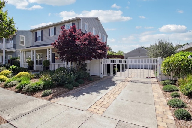 traditional home featuring a porch, a gate, and fence