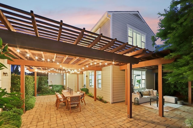 view of patio / terrace with a pergola, outdoor dining area, and an outdoor living space
