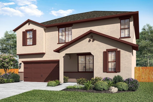 mediterranean / spanish house featuring a garage, fence, stucco siding, a shingled roof, and concrete driveway