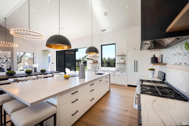 kitchen with white cabinetry, open shelves, modern cabinets, and stainless steel gas stove