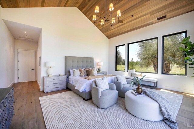 bedroom featuring visible vents, hardwood / wood-style floors, high vaulted ceiling, wood ceiling, and a chandelier