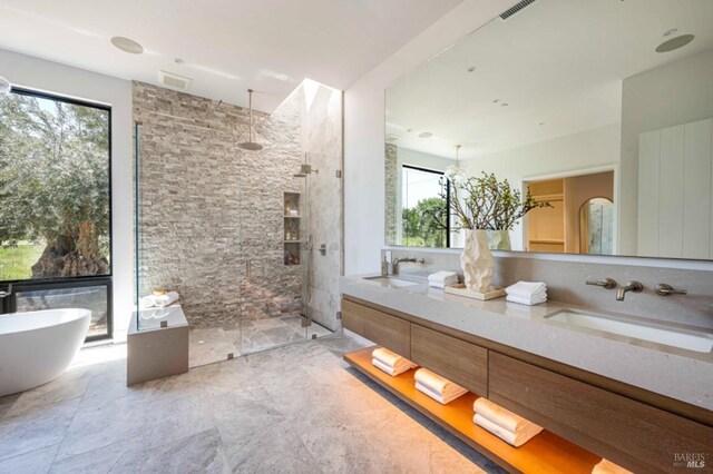 bathroom with visible vents, a sink, a walk in shower, and double vanity