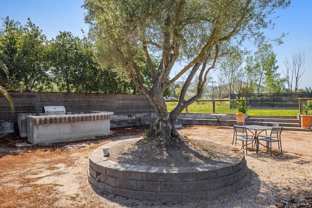 view of yard featuring an outdoor fire pit, fence, and an outdoor kitchen