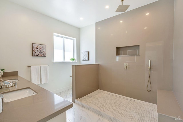 full bath with a walk in shower, baseboards, vanity, marble finish floor, and recessed lighting
