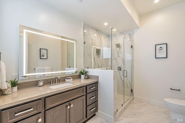 full bath featuring a stall shower, vanity, baseboards, toilet, and marble finish floor