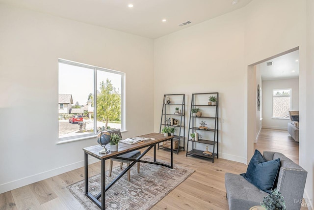 office area with visible vents, recessed lighting, baseboards, and light wood-type flooring