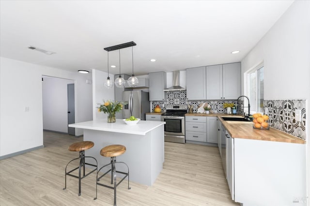 kitchen with a sink, wood counters, wall chimney exhaust hood, stainless steel appliances, and a kitchen bar