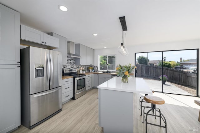 kitchen with wall chimney range hood, light countertops, gray cabinets, a sink, and stainless steel appliances