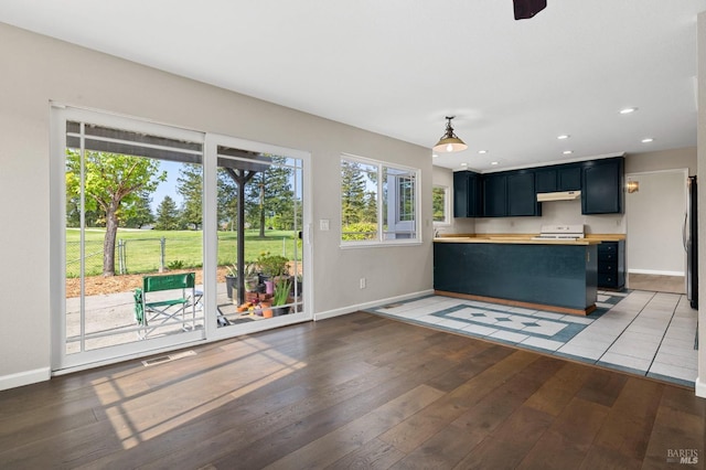 kitchen with baseboards, under cabinet range hood, hardwood / wood-style flooring, and range