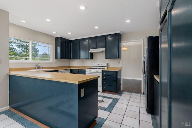 kitchen with gas range gas stove, a sink, freestanding refrigerator, a peninsula, and under cabinet range hood