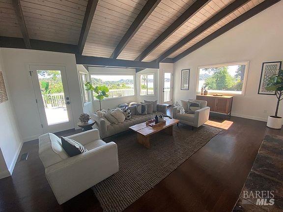 15 Main Dr, San Rafael, CA 94901 - living room with wood ceiling, baseboards, a healthy amount of sunlight, and wood finished floors