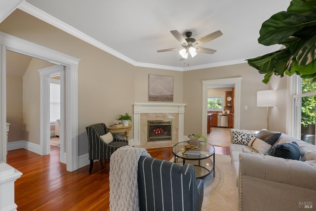 190 Franklin St, Napa, CA 94558 - living area with plenty of natural light, a ceiling fan, a premium fireplace, wood finished floors, and ornamental molding