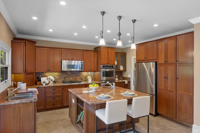 190 Franklin St, Napa, CA 94558 - kitchen featuring appliances with stainless steel finishes, brown cabinets, a sink, crown molding, and tasteful backsplash