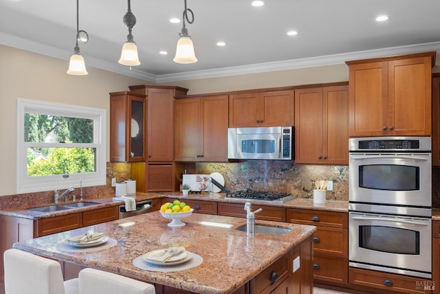 190 Franklin St, Napa, CA 94558 - kitchen featuring appliances with stainless steel finishes, a sink, brown cabinetry, recessed lighting, and crown molding