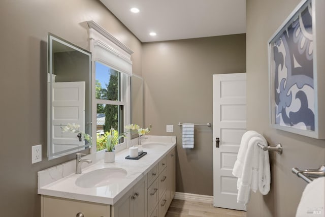 190 Franklin St, Napa, CA 94558 - full bathroom with double vanity, wood finished floors, baseboards, and recessed lighting