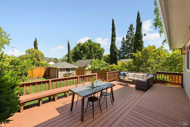 190 Franklin St, Napa, CA 94558 - wooden deck with an outdoor living space, a fenced backyard, an outdoor structure, and outdoor dining area