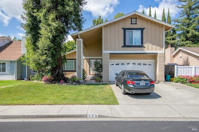view of front of home featuring board and batten siding, fence, a front lawn, concrete driveway, and an attached garage