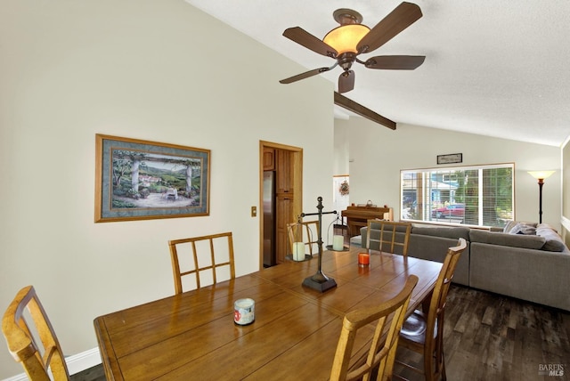 dining space featuring high vaulted ceiling, a ceiling fan, and dark wood-style flooring