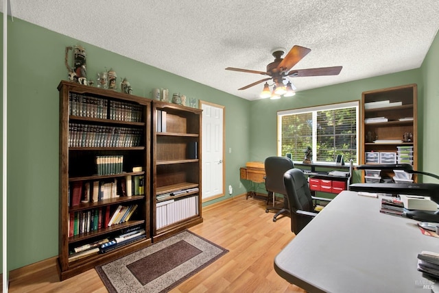 office area with a textured ceiling, ceiling fan, and wood finished floors