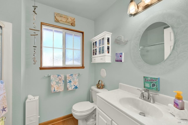 bathroom featuring vanity, toilet, and wood finished floors