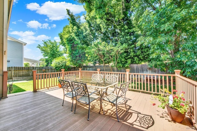 wooden deck featuring outdoor dining area and a fenced backyard