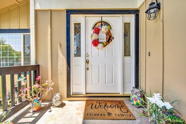 property entrance with board and batten siding
