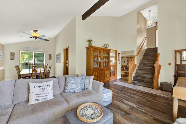 living room with a ceiling fan, baseboards, wood finished floors, lofted ceiling, and stairway