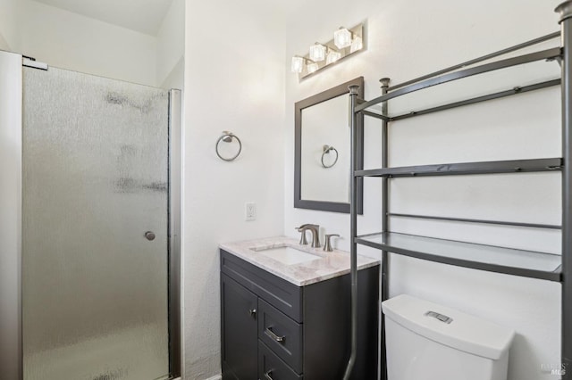 bathroom with vanity, toilet, and a stall shower