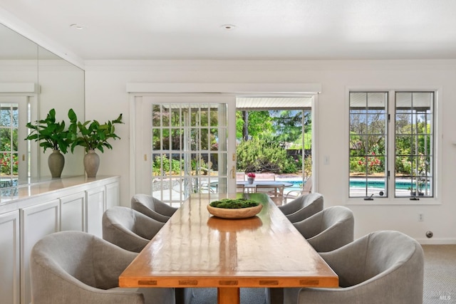 dining area featuring carpet flooring, baseboards, and a wealth of natural light