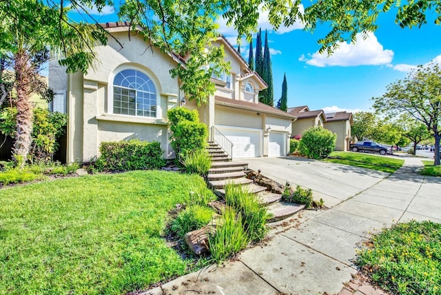 view of front of property featuring concrete driveway, an attached garage, a front lawn, and stucco siding