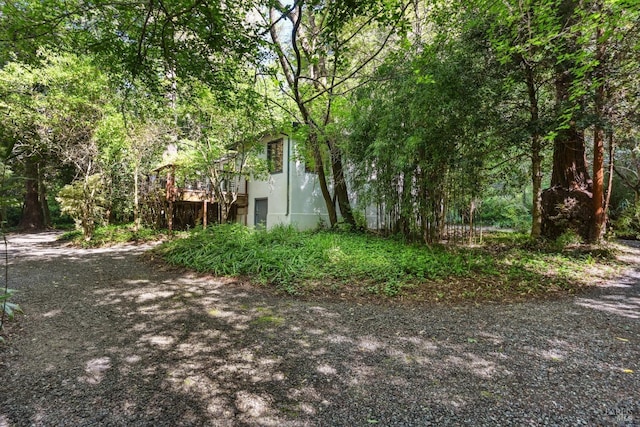 view of yard featuring a forest view