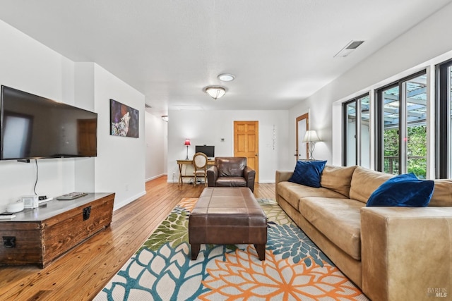 living room featuring baseboards and hardwood / wood-style floors