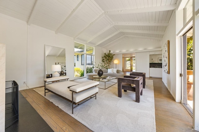 living room with high vaulted ceiling and light wood finished floors