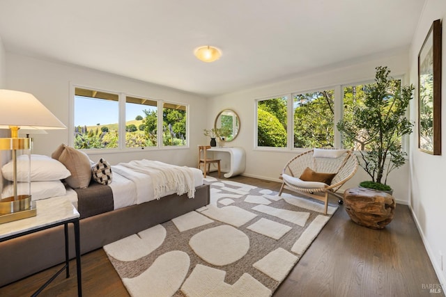 bedroom with wood finished floors, baseboards, and multiple windows