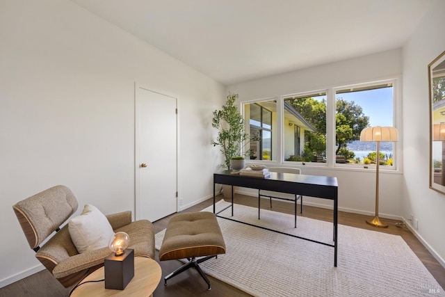 office space featuring dark wood-style flooring and baseboards